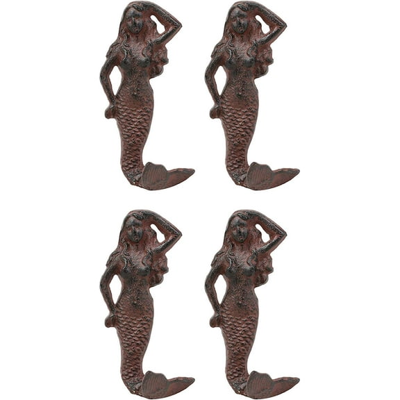 Ebros 6" Tall Cast Iron Finish Wall Coat Hook Mermaids Accent Hooks Set of 4