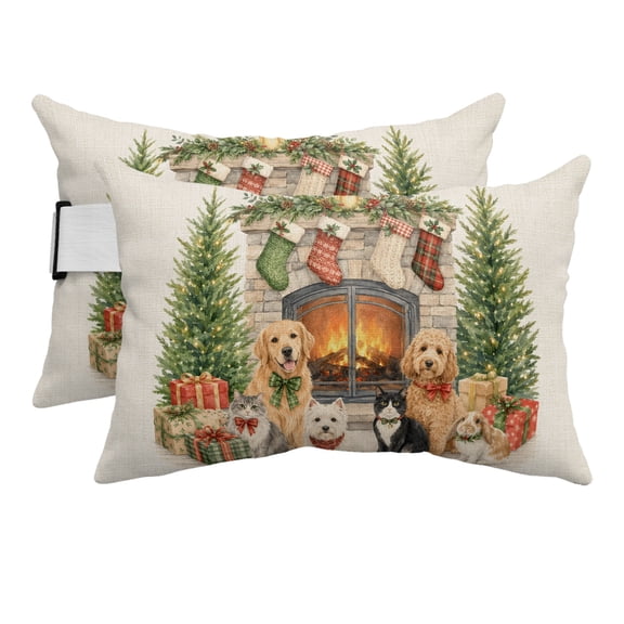 Outdoor Pillow for Chaise Lounge Chair Christmas Trees Dogs Cats Gifts Headrest Pillow with Adjustable Elastic Strap Set of 2,11x16 inch, Fireplace Stockings Linen Waterproof Head Pillows for Patio