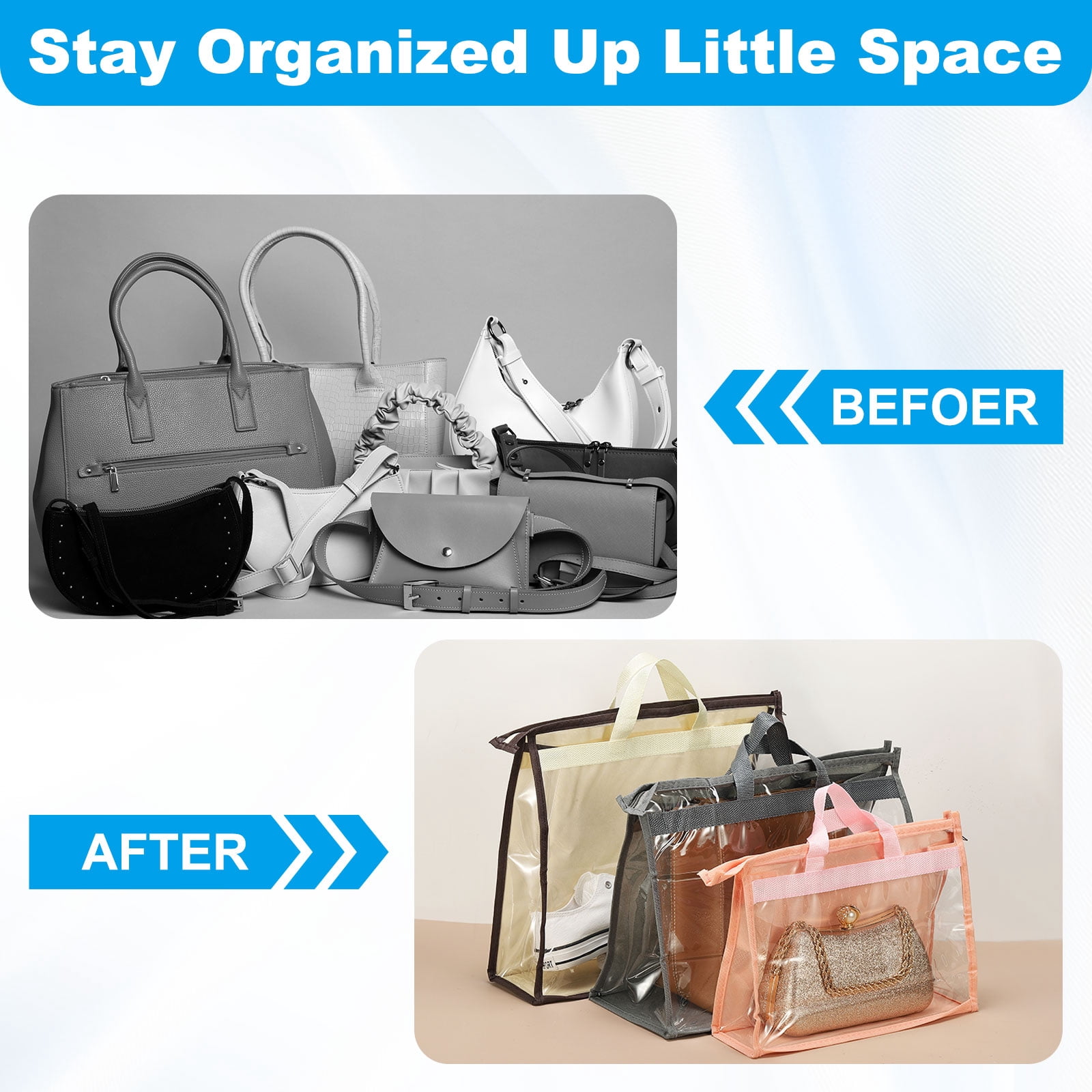 Dust Bags for Handbags, Clear Handbag Organizer Bags Hanging Purse Storage Protector Bag with Zipper Handle for Shoe Scarf Clothes Hat, Pink(2 Bags)