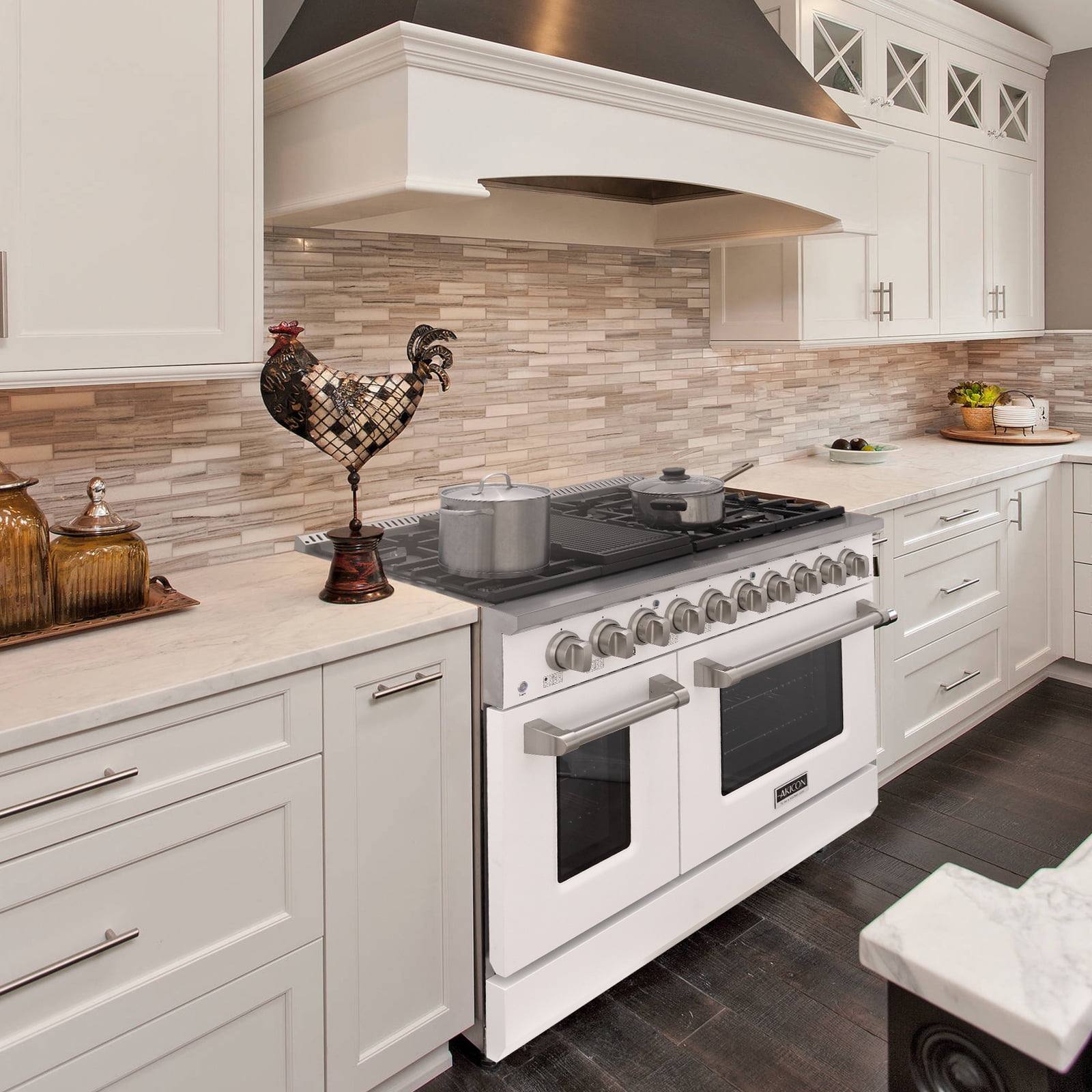 Akicon 48" Slide-in Freestanding Professional Style Gas Range with 6.7 cu. ft. Oven, 8 Burners, Convection Fan, Cast Iron Grates. White & Stainless Steel