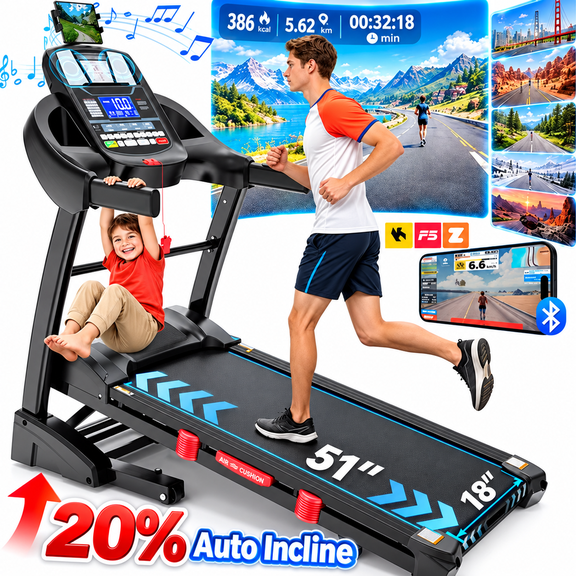 420 lb Capacity Treadmill with Incline, 12 MPH Folding Treadmill, 20% Auto Incline, 5.15HP Motor, 18" Wide Belt Exercise Treadmill for Home, 71 Workout Programs, Compact Portable Treadmill
