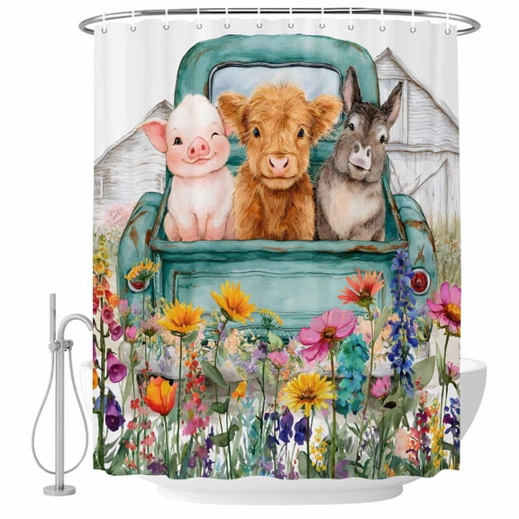 Farm Animals Shower Curtain Set with Hooks, Funny Pig Cow Donkey Retro Truck Rustic Spring Floral Water Repellent Shower Curtains for Bathroom Decor Sturdy Shower Curtain, Machine Washable 72x78 Inch