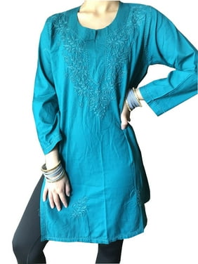 Mogul Women Teal Blue Tunic Dress Floral Embroidered Rayon Summer Boho Kurti M