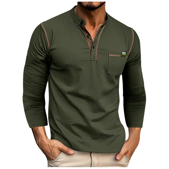 VSSSJ Shirts for Men Slim Fit Solid Color Patchwork Long Sleeve Button V-Neck Stand Collar Pullover Tops Fashion Casual Lightweight Shirts Army Green M