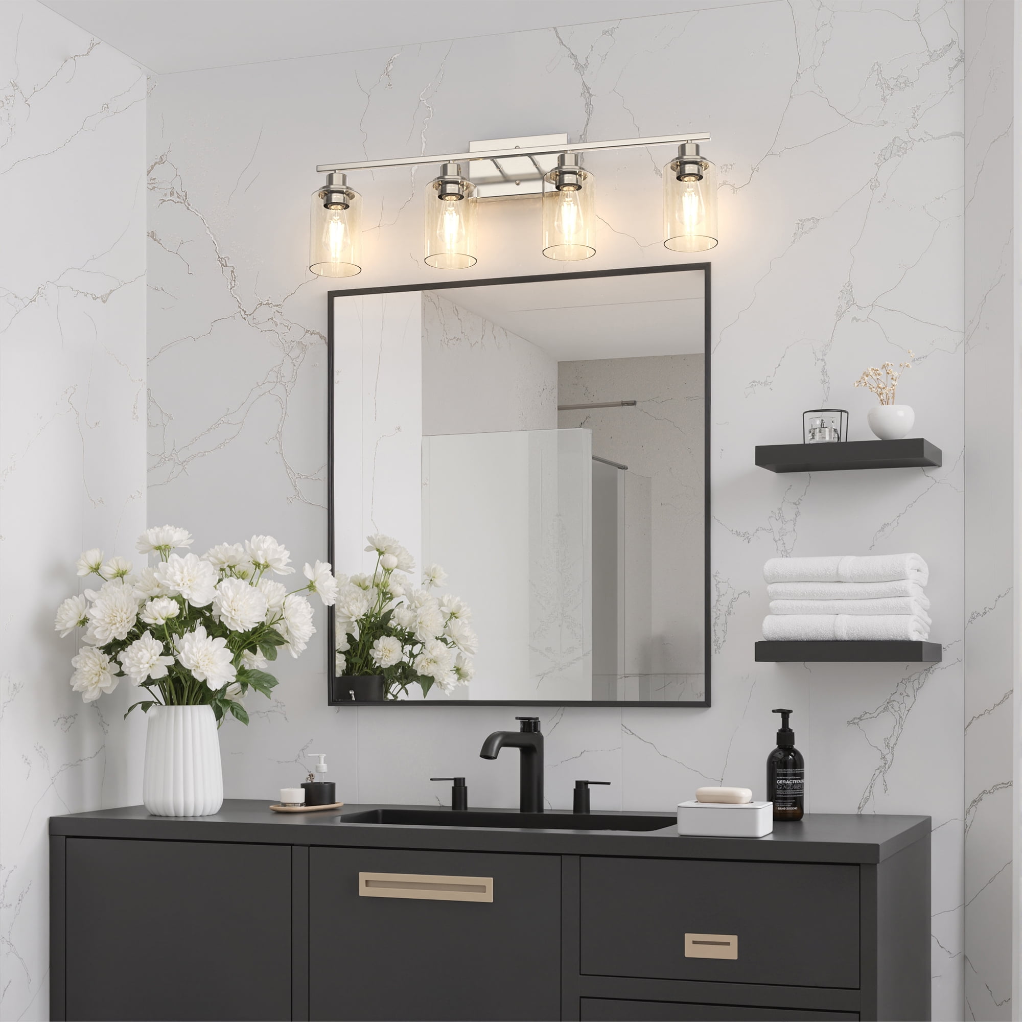 YANSUN 31.5 in 4-Light Brushed Nickel Industrial Bathroom Vanity Light with Clear Glass Shades, for Bedroom, Bathroom, Powder Room, Vanity Table