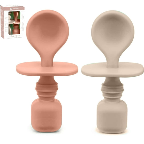 Silicone Baby Spoons for Baby Led Weaning 2-Pack, First Stage Baby Feeding Spoon Set Gum Friendly BPA Lead Phthalate and Plastic Free, Great Gift Set (Sunrise/French Beige)