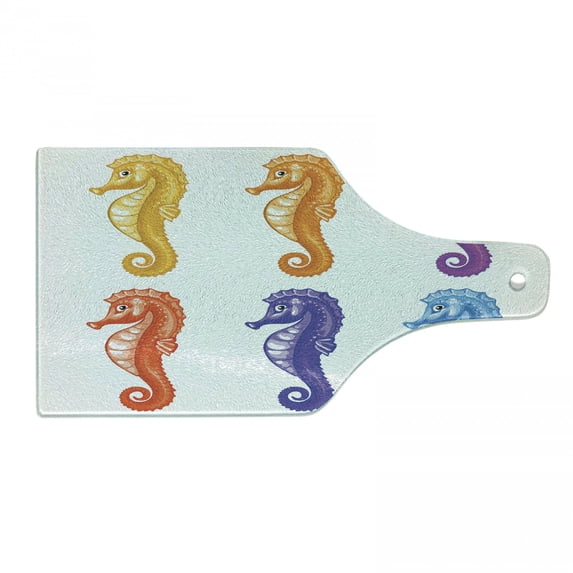 Animal Cutting Board, Seahorse Diving Swimming Unique Young Happy Mascot Maritime Art Design Print, Decorative Tempered Glass Cutting and Serving Board, Wine Bottle Shape, Multicolor, by Ambesonne