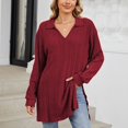 thumbnail image 2 of Diufon Pullover Tops for Women Solid Color Side Hem Split Blouses V Neck Long Sleeve Tees, 2 of 7