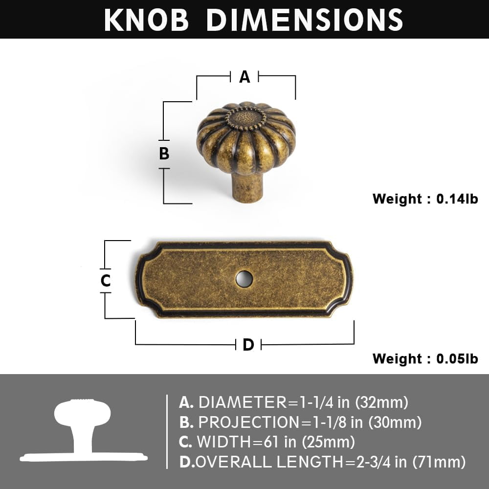 Set of 6 - Elegant Vintage Bloom Antique Brass Cabinet Knobs with Backplate, Drawer Pulls for Kitchen, Dresser Cabinet Hardware for Bedroom, 1-1/4 Inches Diameter Handles
