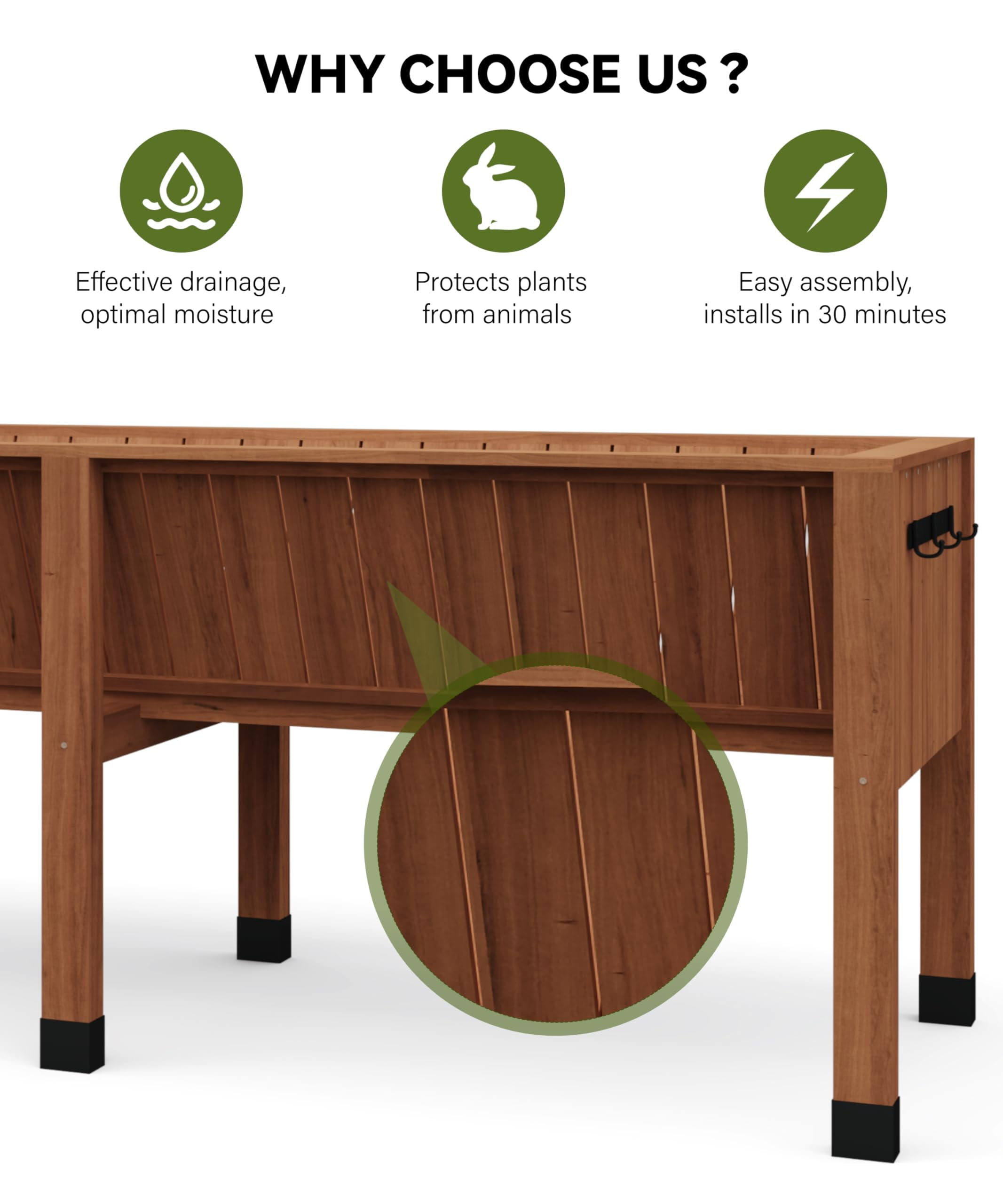 Garvee 72"x26"x31" Elevated Wooden Raised Garden Bed with Storage Hooks for Vegetables,Flowers,Brown