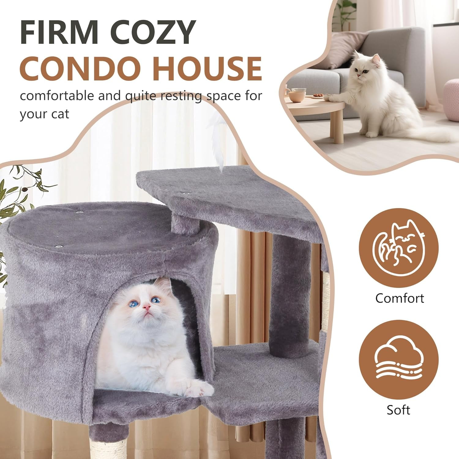FDW Cat Tree 37 Inch Tall Cat Tower Kitten with Scratching Posts and Perches Indoor Activity Center for Cats (Light Grey)