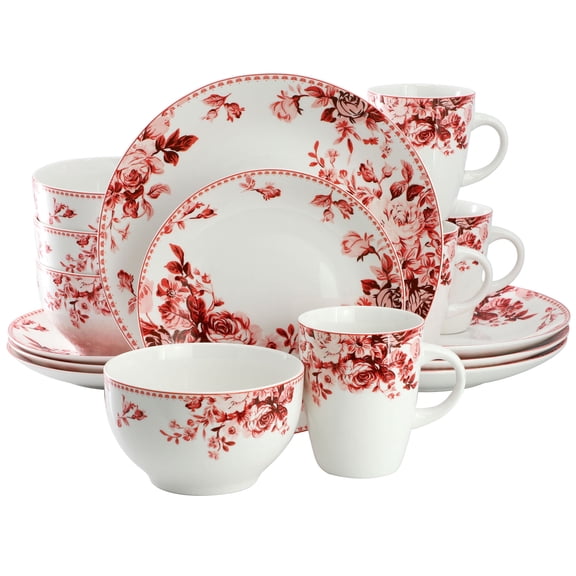 Elama Traditional Red Rose 16 Piece Stoneware Dinnerware Set