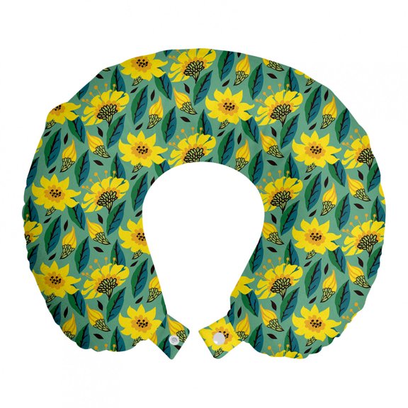 Floral Travel Pillow Neck Rest, Summer Composition of Blooming Flowers and Leaves, Memory Foam Traveling Accessory Airplane and Car, 12", Laurel Green Yellow, by Ambesonne