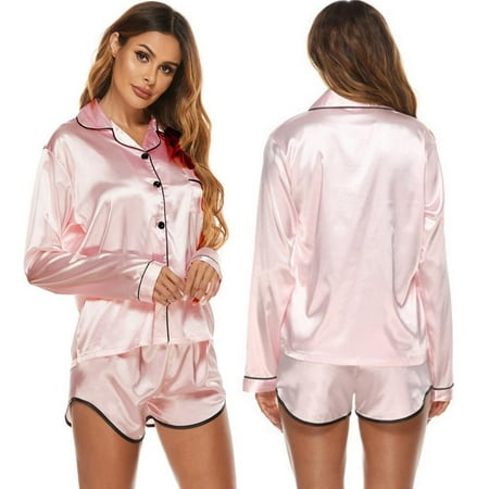 

Womens Silk Satin Pajamas Short Sleeve Loungewear Two-Piece Sleepwear Button-Down Pj Set