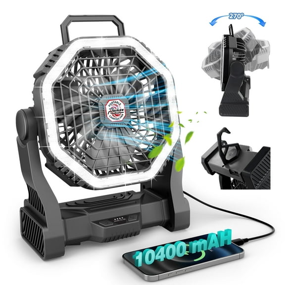Roykaw Portable Fan for Travel, 10400 mAH Rechargeable Camping Fan, Cordless Battery Powered Fan with Led Light, Battery Fan with Handle, Hang Hook for Tent, Fishing, Hurricane Fan for Bedroom, Black