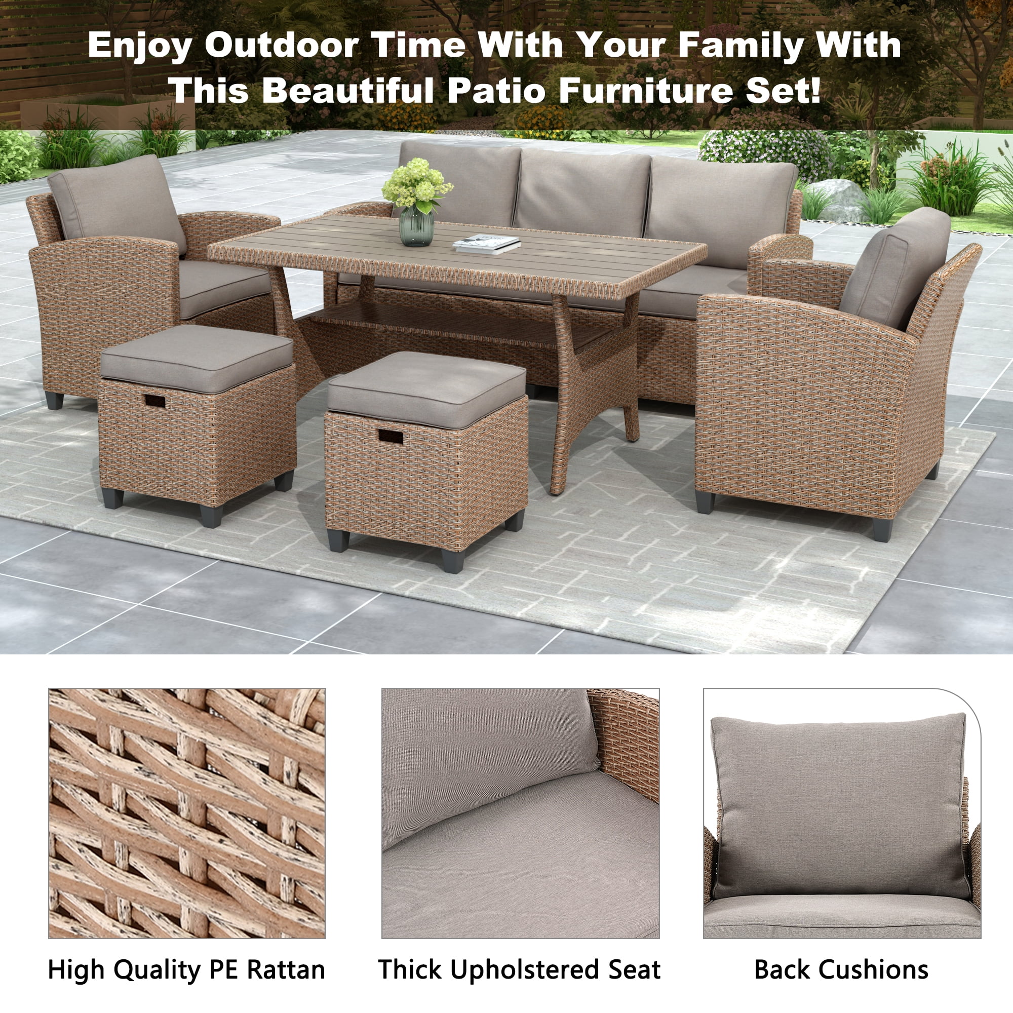 Harper & Bright Designs 6 Pieces Wicker Outdoor Patio Furniture Set with 3-Seater Sofa, 2 Armchairs, Coffee Table & Stools, All-Weather Rattan Conversation Lounge Set for Backyard Garden, Natural