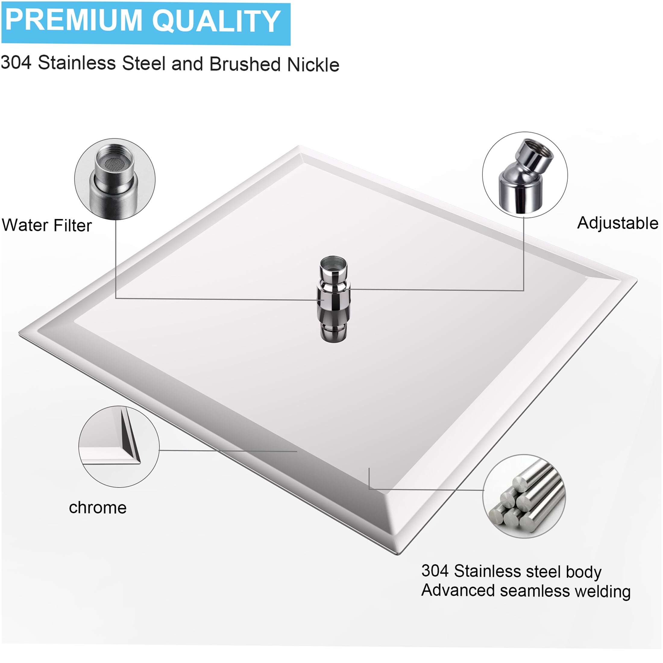 JERFIT 16 Inch Square Rain Shower Head, High Pressure Chrome Showerhead with 360° Adjustment, Easy Install Stainless Steel Ceiling/Wall Mount for Luxury Spa Experience