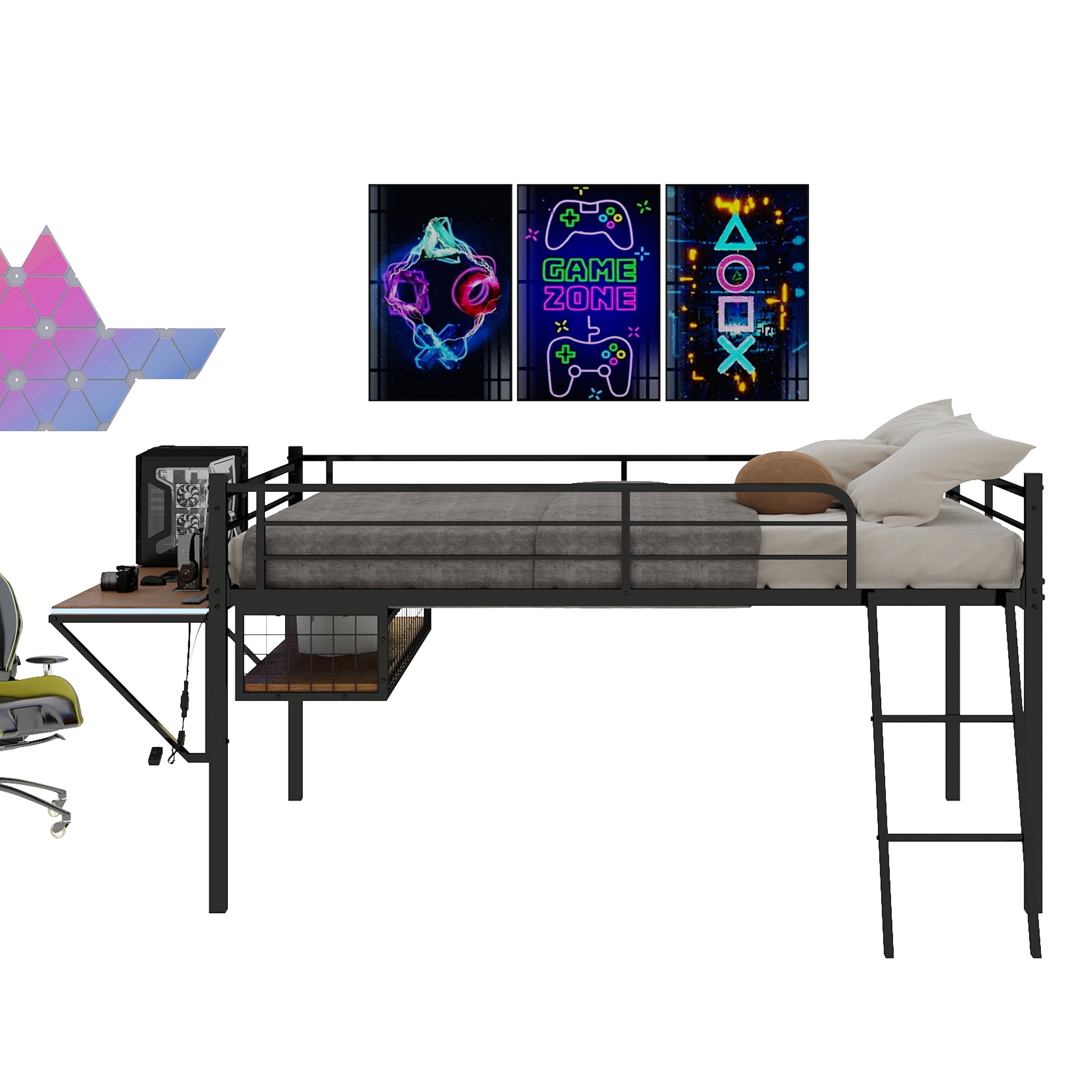 Mintazer Full Size Metal Loft Bed with Desk & LED Light, Loft Bed Frame with Guardrails and Ladder for Kids Teens Bedroom Dorm Apartment, Black