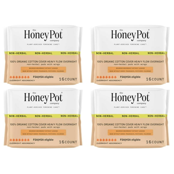 The Honey Pot Company - 64ct - Sanitary Pads for Women - Non-Herbal Heavy Overnight w/Wings - Organic Cotton Cover & Ultra-Absorbent Pulp Core - Feminine Care - FSA & HSA Eligible