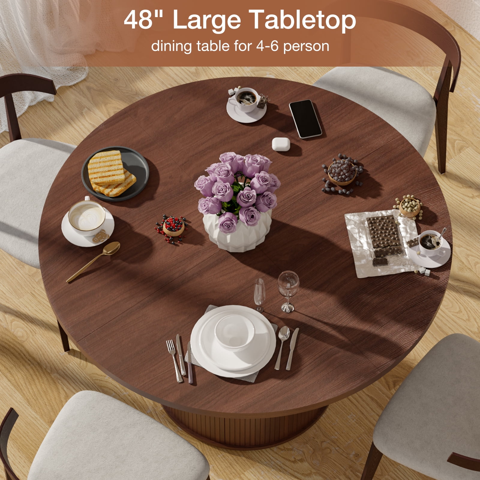 Hommpa 48" Round Dining Table Morden Kitchen Table Wood for 4 with Wood Slide Door for Kitchen Living Room,Heavy Duty Pedestal Base,Brown