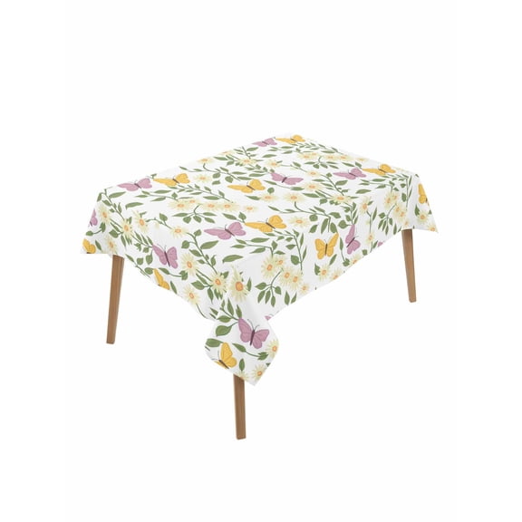 Easter Rectangle Tablecloth, Spring Floral Daisy Flowers Butterflies Watercolor Waterproof & StainResistant Tablecloth, Washable Oil-proof Table Cover for Dining/Party/Wedding/Buffet 60x102 In