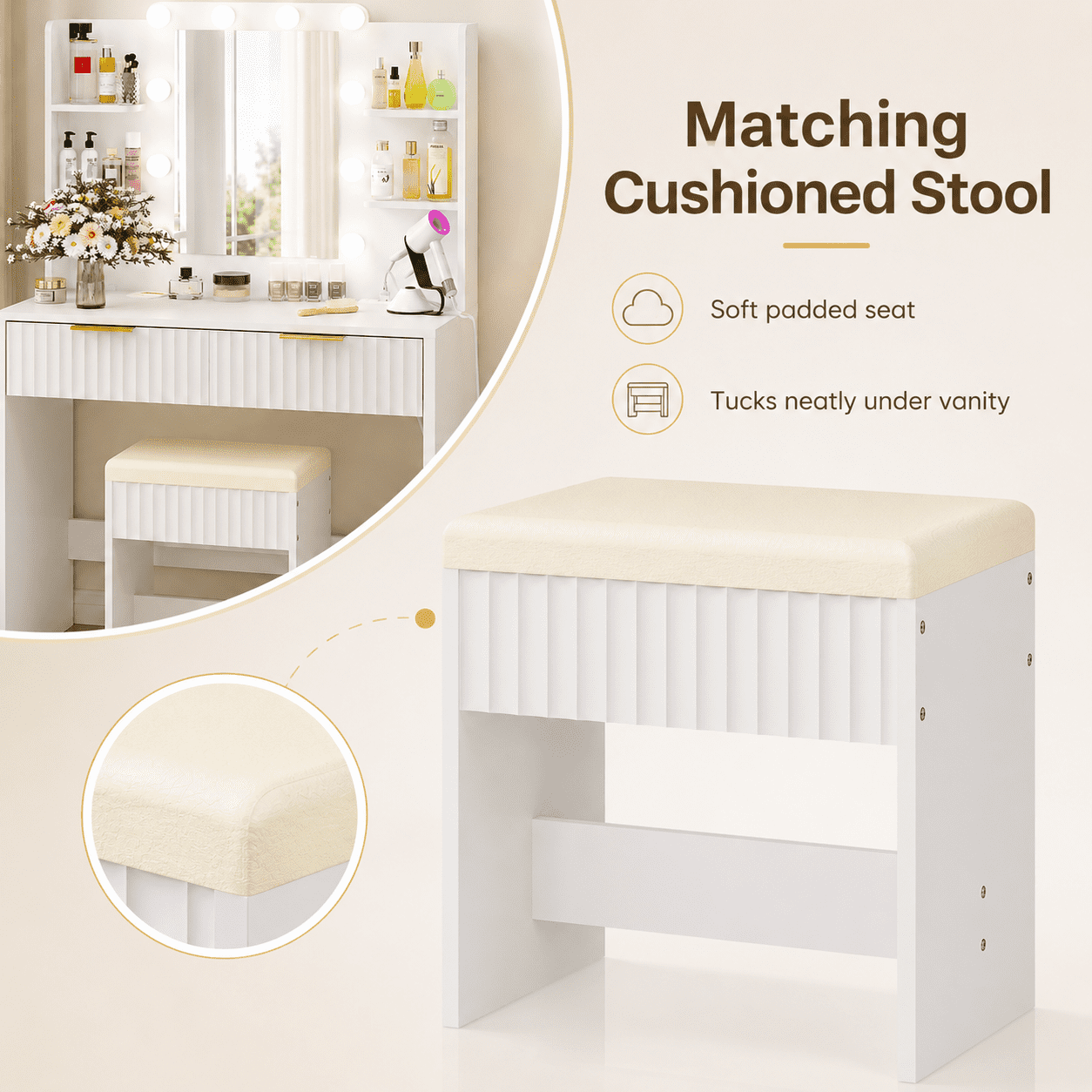 Ktaxon Lighted Makeup Vanity and Stool, White Vanity Table Set with 2 Drawer and Charging Station, Femal Gift