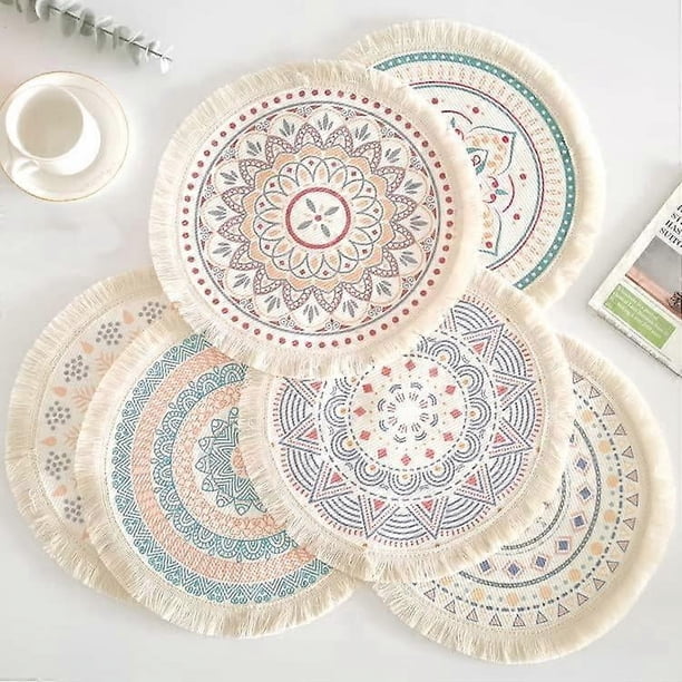 Kitchen Table Placemats Set of 6 withRound HandmadeWoven Fringe Placematfor Dining Room, Kitchen, Place Mats for Parties,Use-Size 1313 Inches