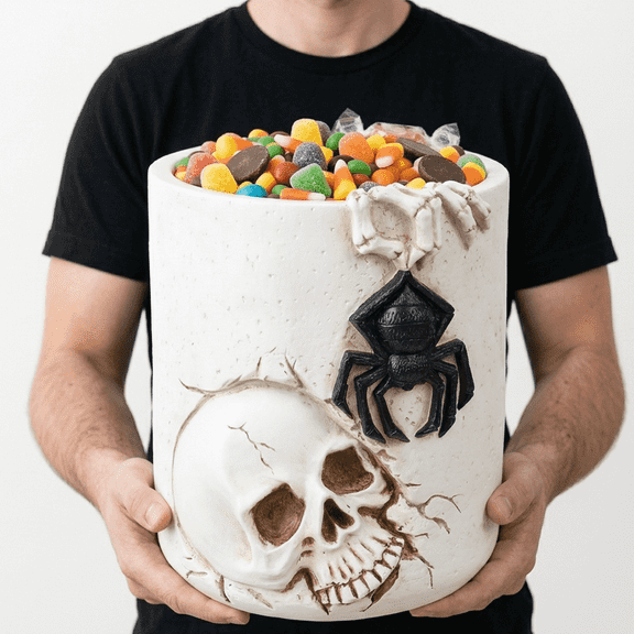 Large Skull Decor Halloween Candy Bucket Holder Bowl, Halloween Candy Bucket, Halloween Party Candy Bowl, Black Plastic Cauldron With Skeletons For Indoor/Outdoor Home/Kitchen Decoration