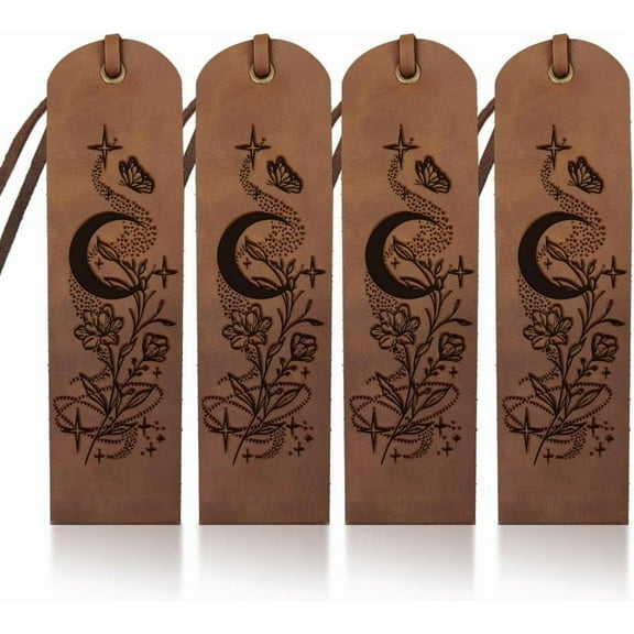 4Pcs Moon Flower Leather Bookmark 2×7inch Butterfly Stars Brown Bookmark Vintage Page Markers with Leather Rope for Men Women Book Lovers Writers and Friends Gifts Mixed Color