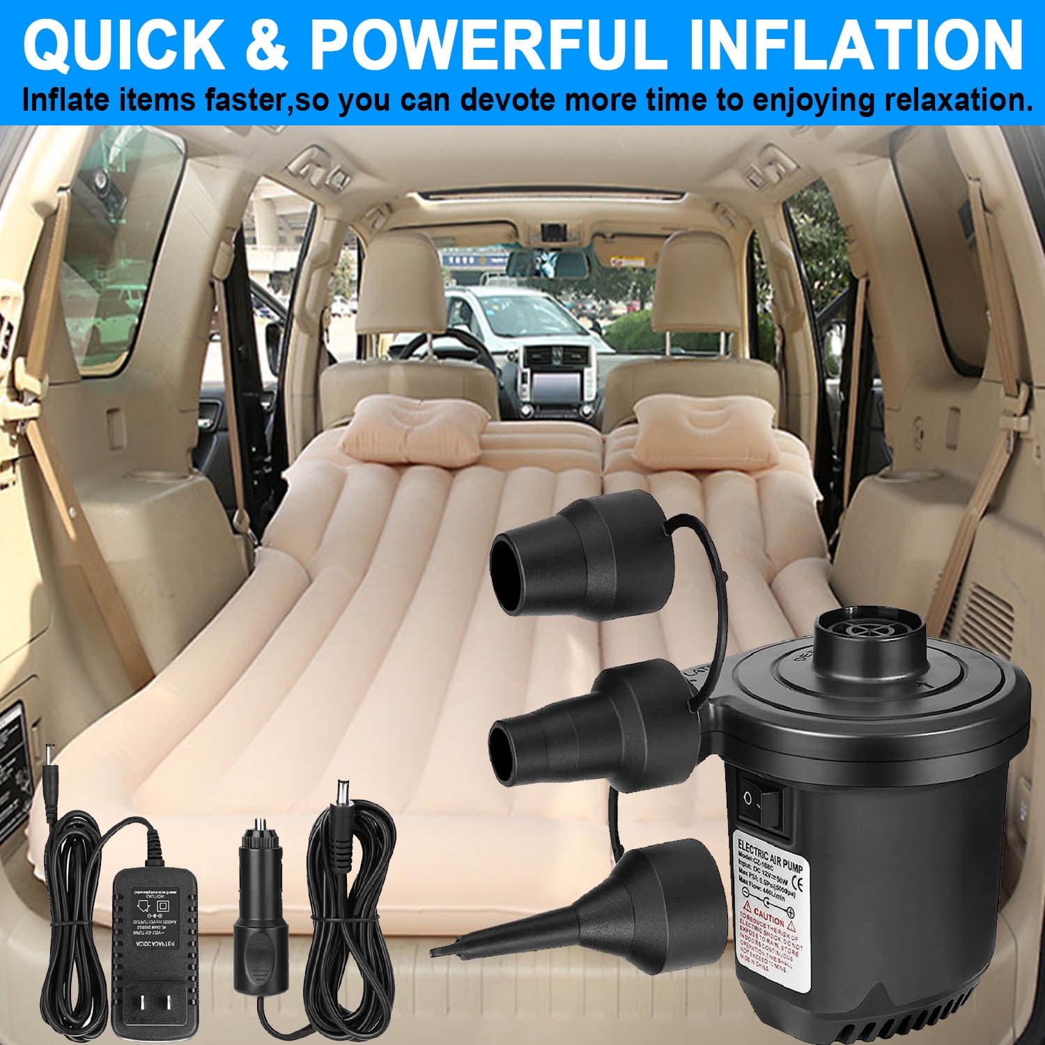 Electric Air Pump for Inflatables, Portable Air Mattress Pump with 3 Nozzles, 110V AC/12V DC Quick-Fill Electric Air Pump Inflator/Deflator for Pool Floats, Rafts, Air Beds & Toys