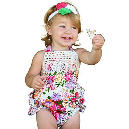 Apple Bottoms Romper Noah's Boytique Baby Girls Vintage Inspired Summer Bright Colorful Floral Romper with Ruffle Bottoms and Halter Tie Top 0-6 Months ()