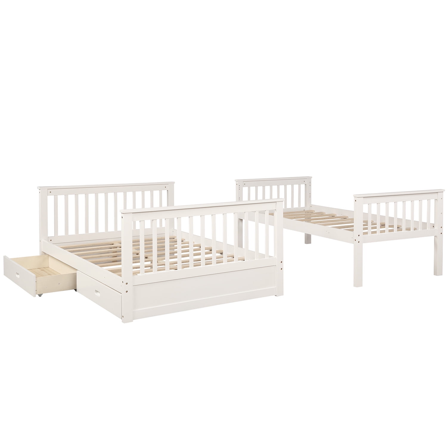 Kepooman Twin-Over-Full Wood Bunk Bed with 2 Storage Drawers & Ladder for Bedroom, 79.53"L x 58.27"W x 66.54"H, White Kepooman Twin-Over-Full Wood Bunk Bed with 2 Storage Drawers & Ladder for Bedroom, 79.53"L x 58.27"W x 66.54"H, White