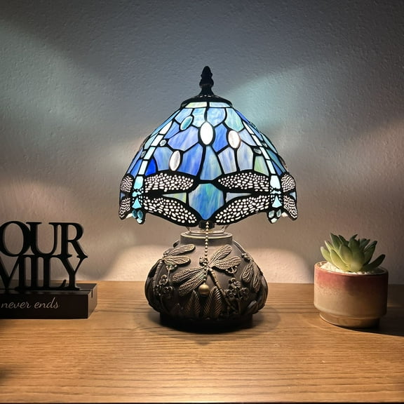 Tiffany Mini Table Lamp Dragonfly Blue Stained Glass Included LED Bulb Dragonfly Base for Living Room Dining Room Bedroom Bedside 12"H*8"W