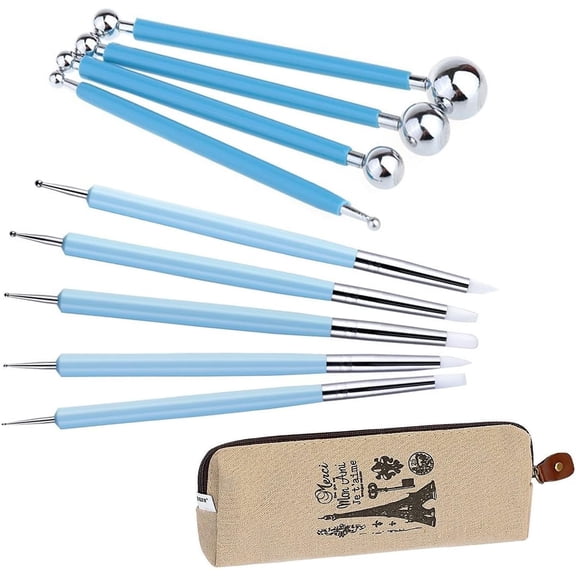 9pcs Sculpting Tools, 4pcs Double-Ended Metal Ceramic Clay Ball Stylus Dotting Tools, 5pcs 2 Way Silicone Polymer and Embossing Paper Flower Indentation Tool