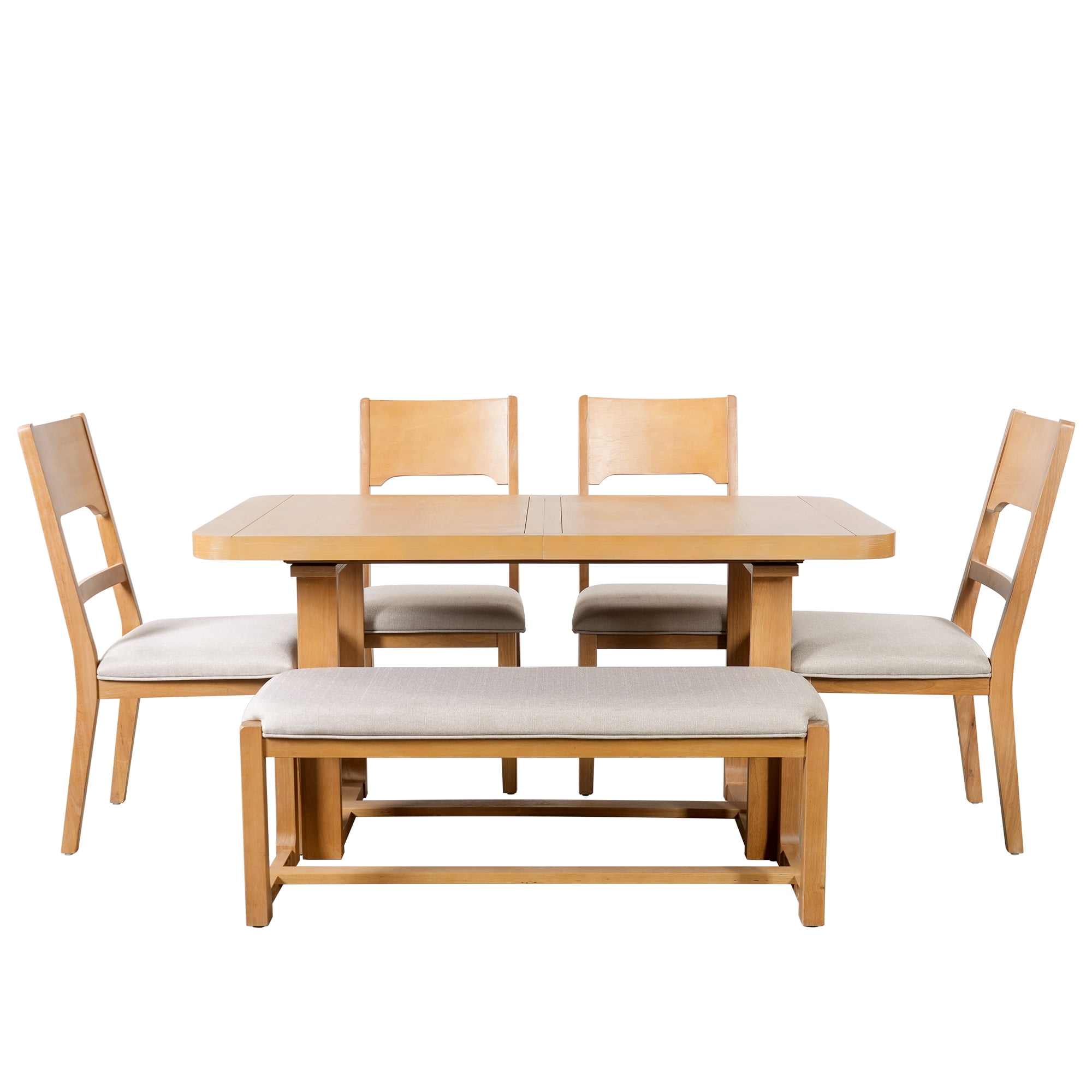 Euroco 6 Pieces Farmhouse Dining Table Set,Solid Wood Extendable Dining Table with 4 Chairs & Bench for Kitchen Dining Room, Natural+Beige