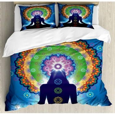 Chakra Duvet Cover Set King Size, Silhouette of Woman Doing Yoga with Vertical Blending Effects and Mesh Peace Motif, Decorative 3 Piece Bedding Set with 2 Pillow Shams, Multicolor, by Ambesonne