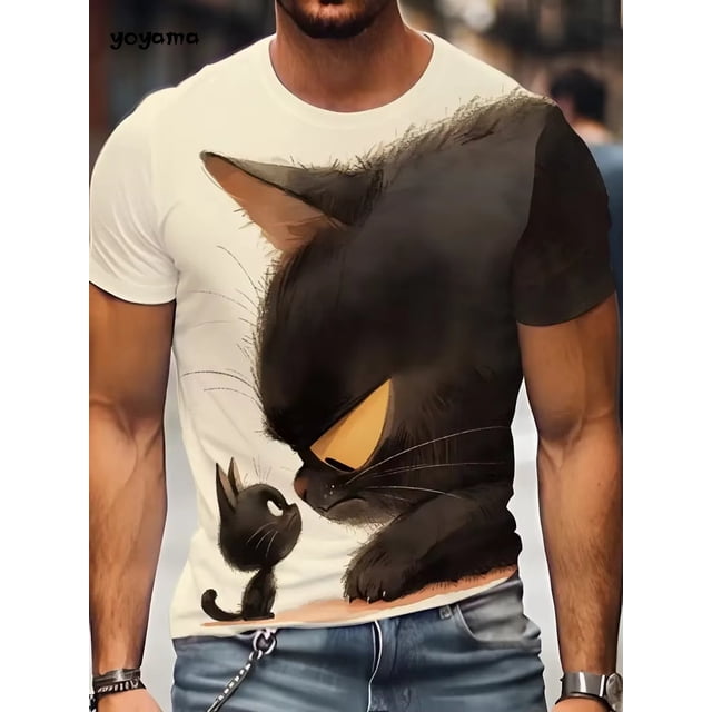 T-Shirt Drôle pour Hommes, Imprimé Chat Animal Mignon, Manches Courtes, Mode, Col Rond, Respirant, Été, Grande Taille