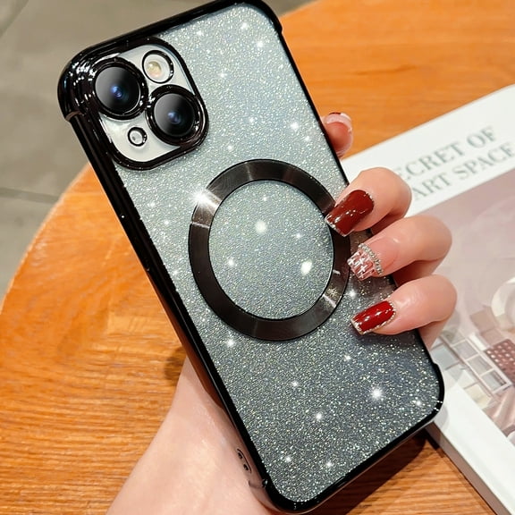 Mantto for iPhone 13 Magnetic Gradient Glitter Case Compatible with Magsafe Charging Luxury Plating Cute Bling Clear Cover for Women Girls Soft TPU Slim Shockproof Phone Case,Black
