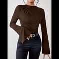 thumbnail image 4 of Camiseta Básica con Cuello Alto Fruncido y Mangas Largas con Volantes para Mujer Color Café XL, 4 of 10