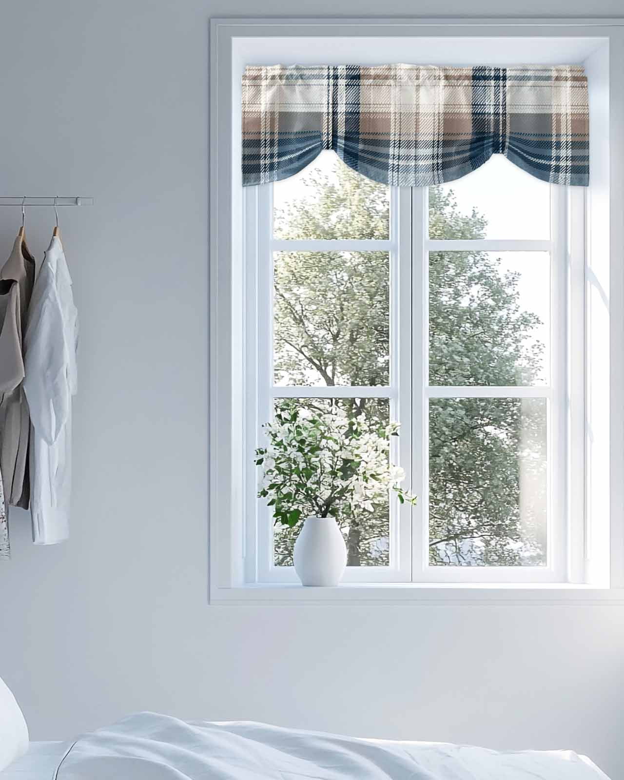 Vintage Plaid Tie Up Valances Curtain, Adjustable Kitchen Blue Brown White Plaid Texture Cotton Valances for Windows Decor, Rod Pocket Short Curtains Set for Bedroom/Bathroom, 60"x18"