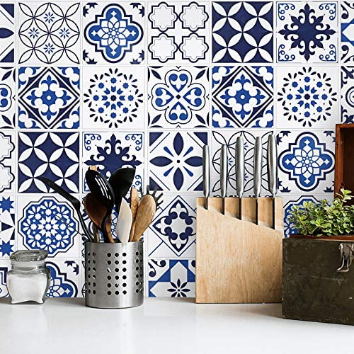 Gleom Blue and White Contact Paper 17.7?X118? Tile Glossy Surface