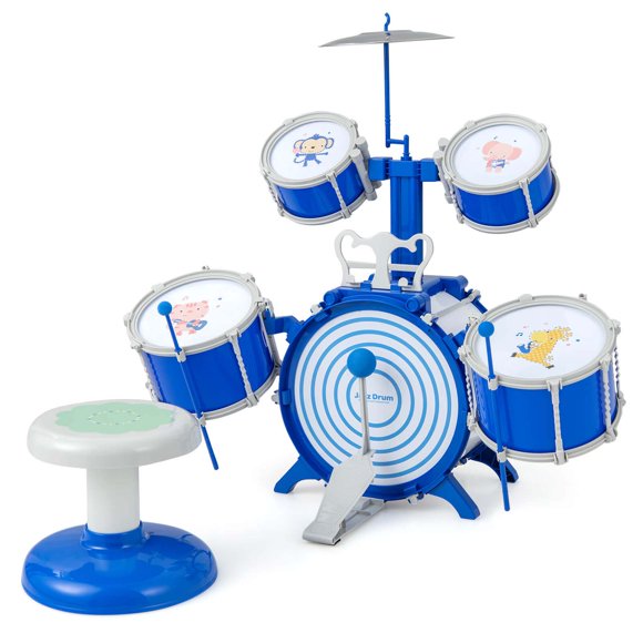 Costway Juego De Batería Para Niños Pequeños, Batería Con Platillo, 2 Baquetas, Atril Y Pedal, Instrumento Musical De Percusión De Juguete Con Taburete, Regalo Ideal Para Niños Mayores De 3 Años