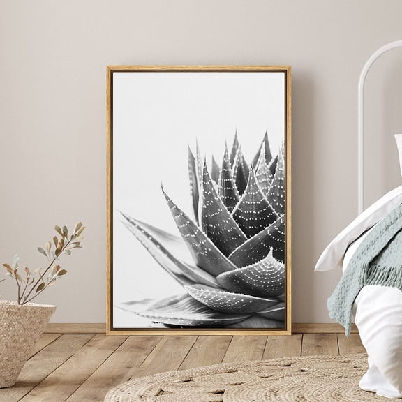 PixonSign Framed Canvas Print Wall Art Middle of Striped Succulent Botanical Flower Photography Modern Art Contemporary Dramatic Black and White for Living Room, Bedroom, Office - 16"x24" Natural