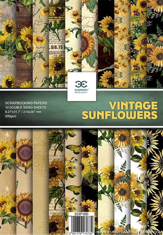 Scrapbooking Paper VINTAGE SUNFLOWERS 10 Double Sided Sheets 8.25 x 11.