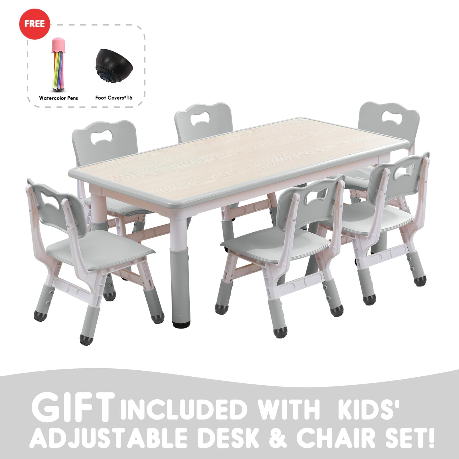 Kids Table and Chairs Set, Height Adjustable Desk With 6 Seats for Ages 3-12,Arts & Crafts Table,Graffiti Desktop, Children Multi-Activity Table for Classrooms,Daycares,Home