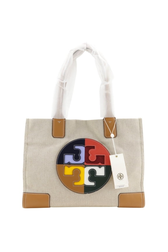 Pre-Owned Tory Burch Ella Colorblock Logo Tote Bag, Canvas x Leather, Beige, A4 Size, Magnetic...