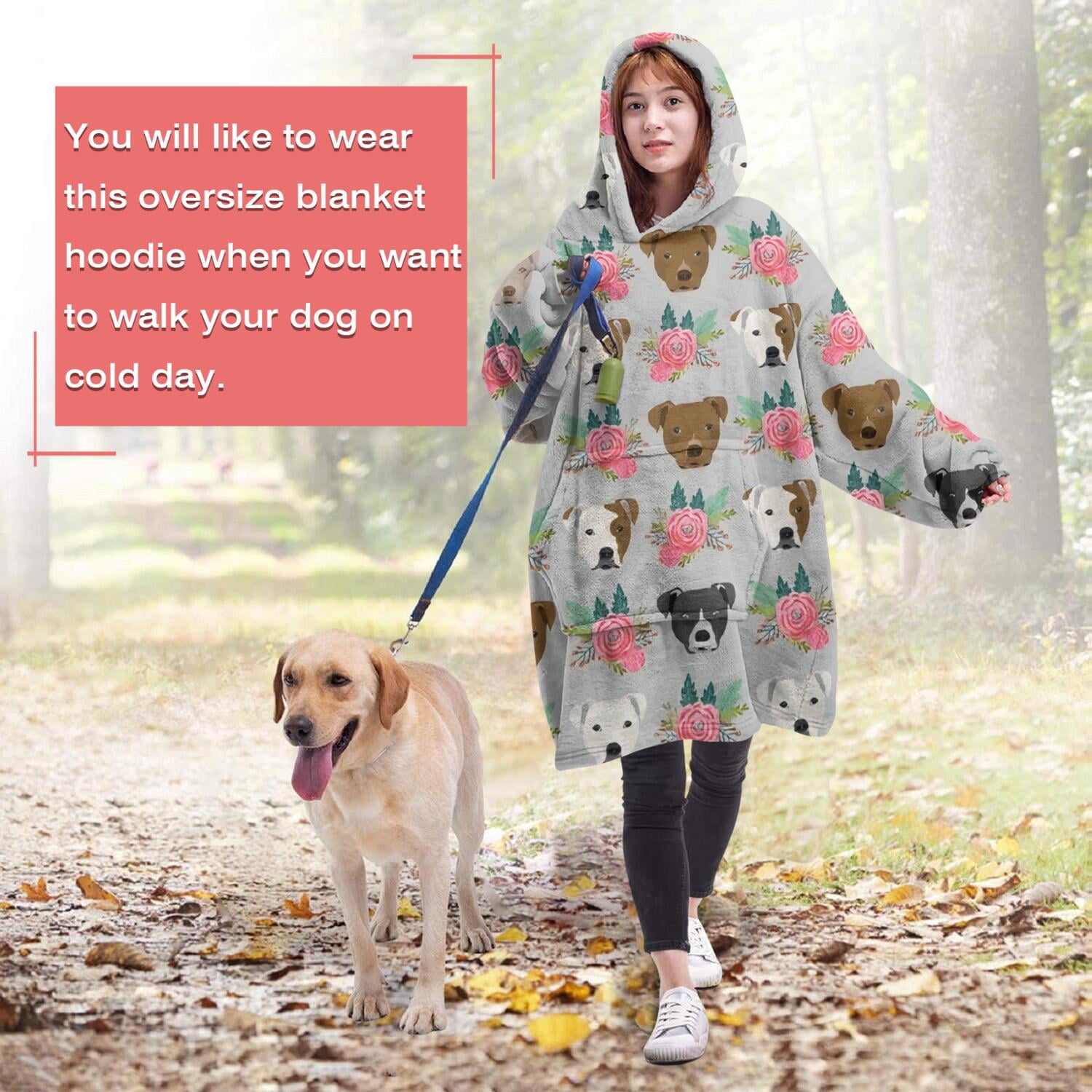 Cute Pitbull Terriers Dog and Flower Wearable Oversized Blanket,Wearable Blanket Hoodie for Adults,Cozy Hooded Blankets with Super Pockets,Super Warm Fuzzy Pullover for Women & Men