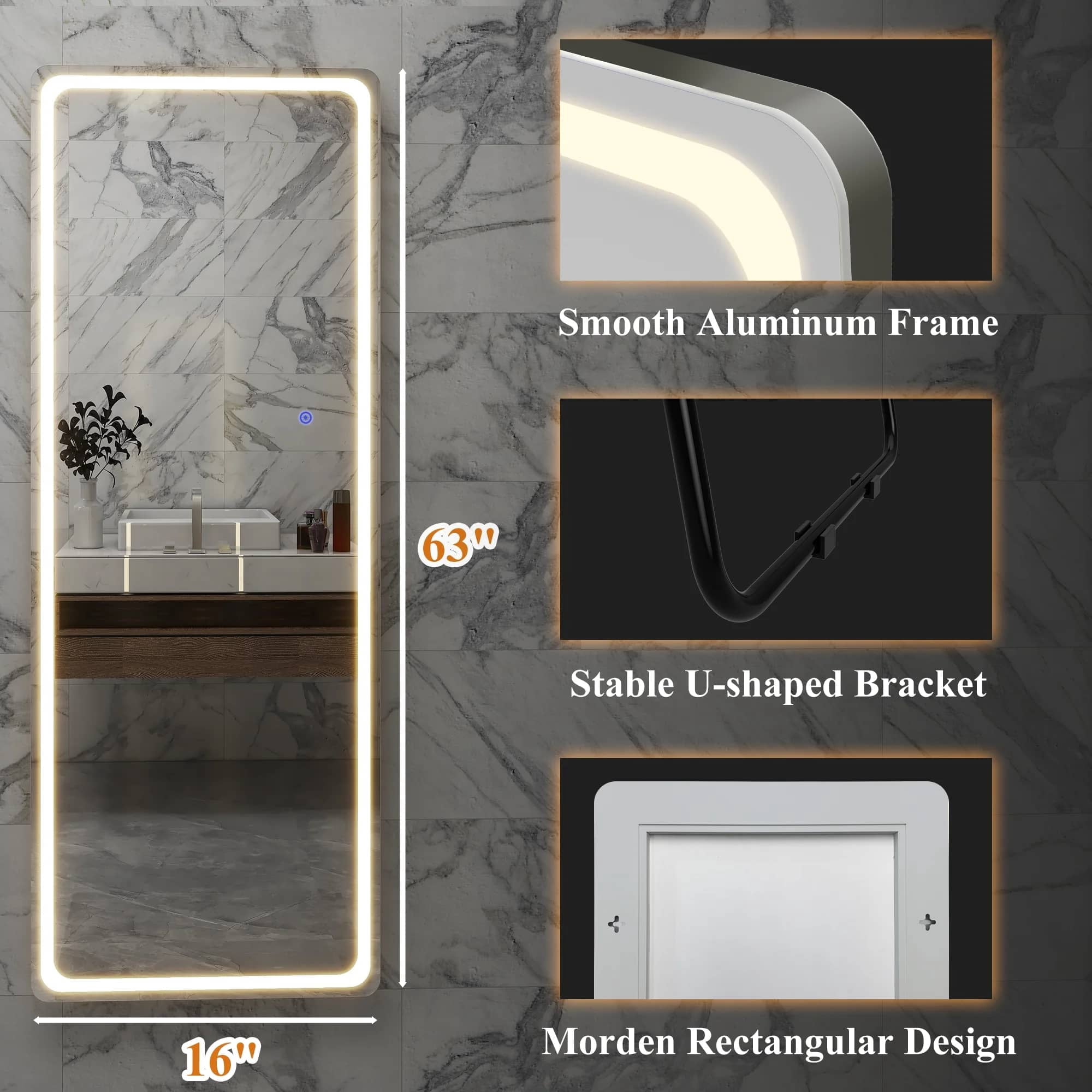 63"x16" LED Frameless Full-length Mirror for Bathroom，Aluminum Alloy Rectangular Mid-Century Mirror with Bracket, Silver