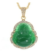 Green Jade Color Happy Buddha Yoga Large Pendant Necklace Steel CZ Stone Gold
