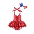 thumbnail image 2 of Qmyliery 2 Pcs Newborn Independence Day Outfits, Baby Girl Sleeveless Tie Up Pentagram Print Halter Romper with Pompom + Bowknot Headband, 2 of 8